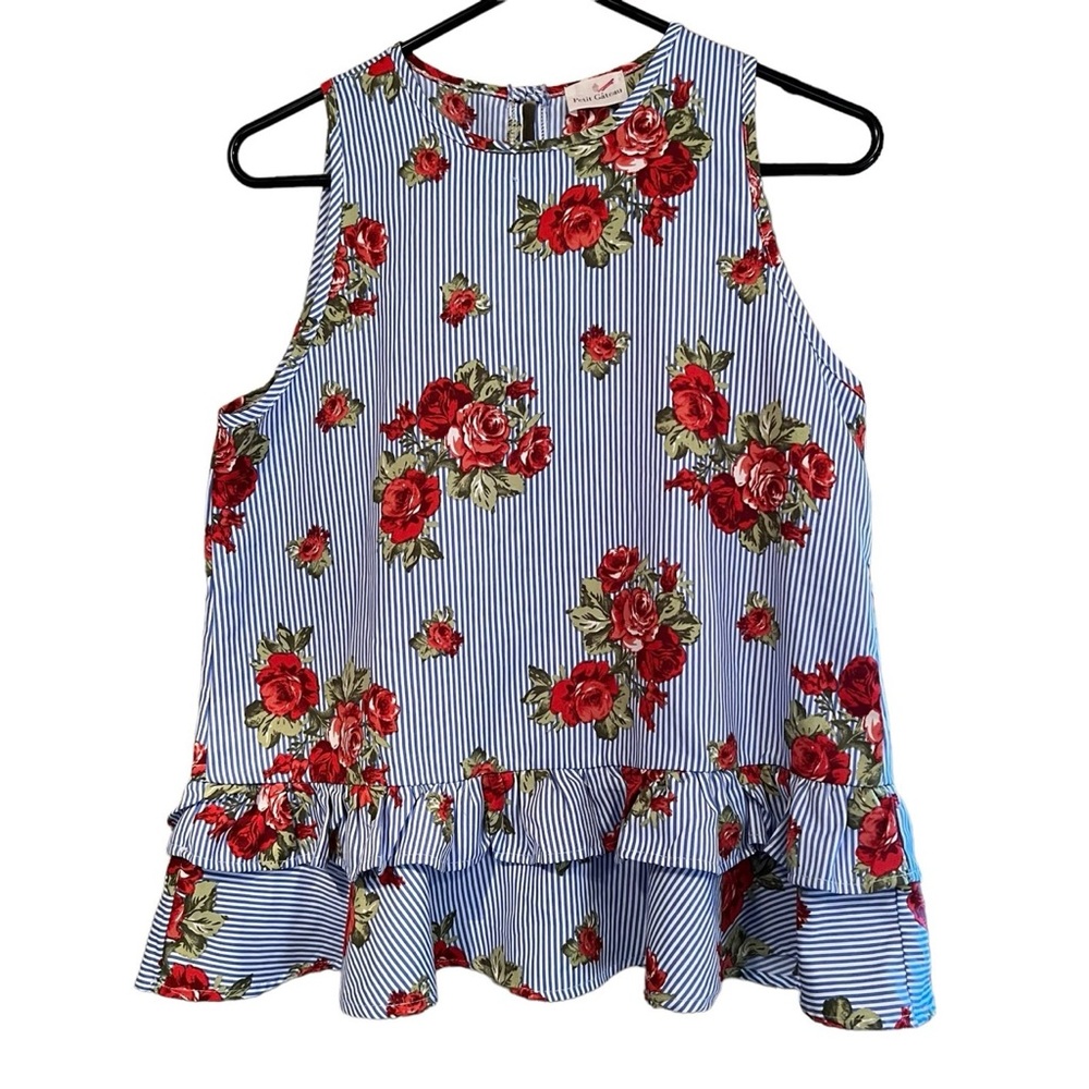 Petit Gateau Striped Floral Peplum Style Sleeveless Top Size Medium